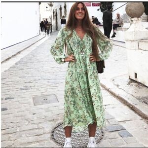 ZARA  boho green floral print balloon sleeves shell drawstring midi dress S